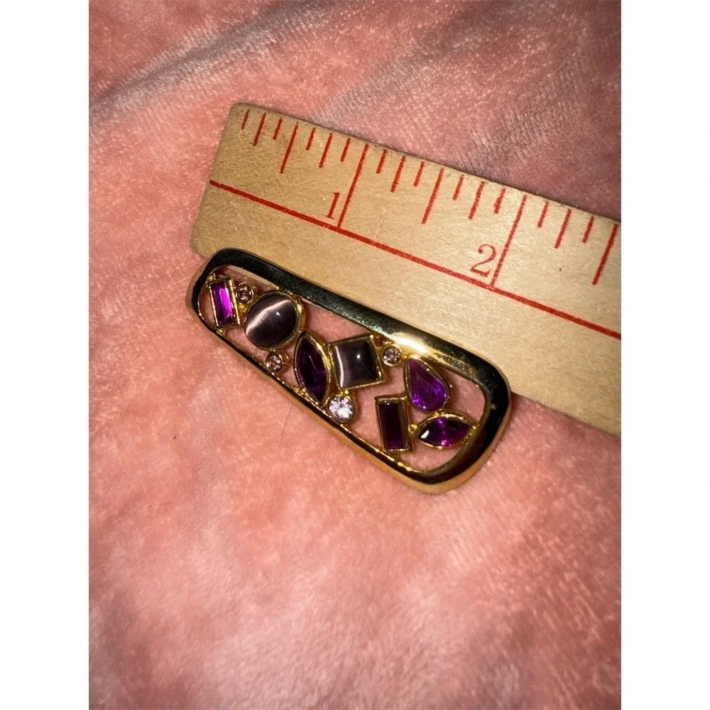 Vintage Art Deco Pendant Gold Tone Rectangle Purple Cabochon Rhinestone‎